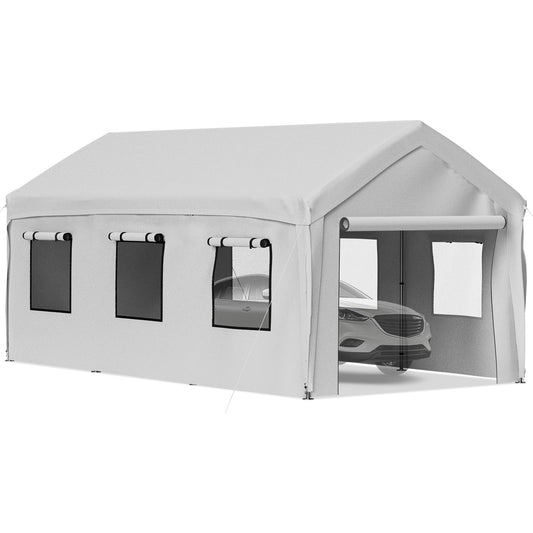 10 x 20 ft Carport Car Canopy, Heavy Duty Garage Shelter with 8 Legs, Removable Sidewalls and Windows, Car Garage Tent for Party, Boat, Adjustable Peak Height from 8.3 ft to 10 ft, Gray