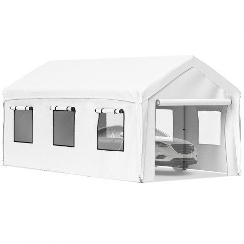 10 x 20 ft Carport Car Canopy, Heavy Duty Garage Shelter with 8 Legs, Removable Sidewalls and Windows, Car Garage Tent for Party, Boat, Adjustable Peak Height from 8.3 ft to 10 ft, White