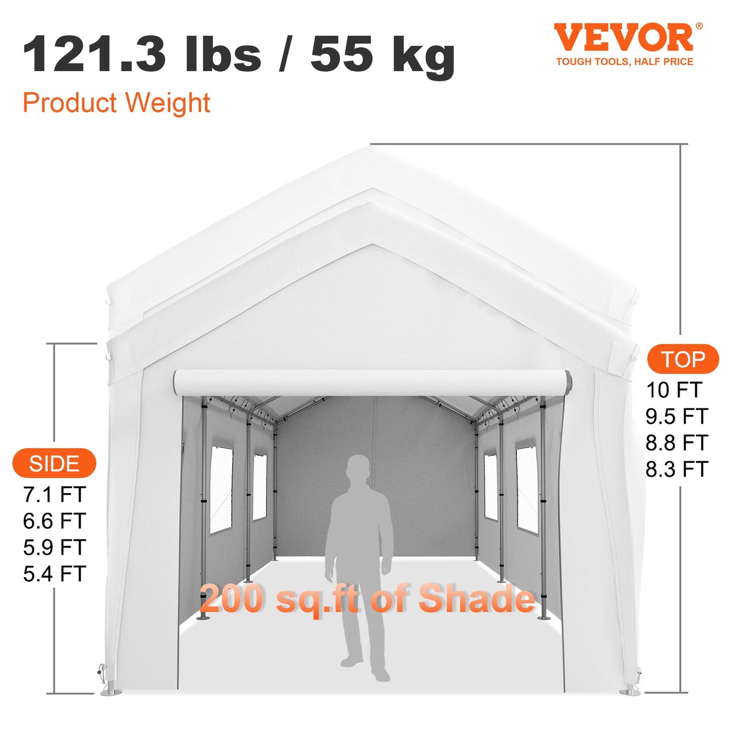 10 x 20 ft Carport Car Canopy, Heavy Duty Garage Shelter with 8 Legs, Removable Sidewalls and Windows, Car Garage Tent for Party, Boat, Adjustable Peak Height from 8.3 ft to 10 ft, White