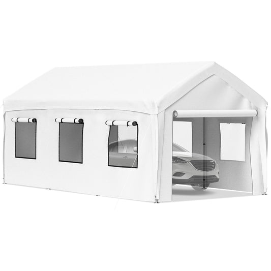 10 x 20 ft Carport Car Canopy, Heavy Duty Garage Shelter with 8 Legs, Removable Sidewalls and Windows, Car Garage Tent for Party, Boat, Adjustable Peak Height from 8.3 ft to 10 ft, White