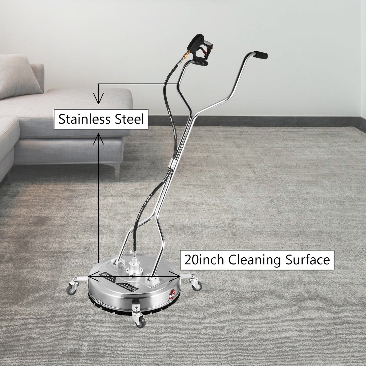 Surface Cleaner 20 inch Flat Surface Cleaner for Pressure Washer 4000psi Pressure with 3/8 Quick Connector Surface Cleaner with Casters 10.5GPM Stainless Steel Rotating Rod,3 Nozzle