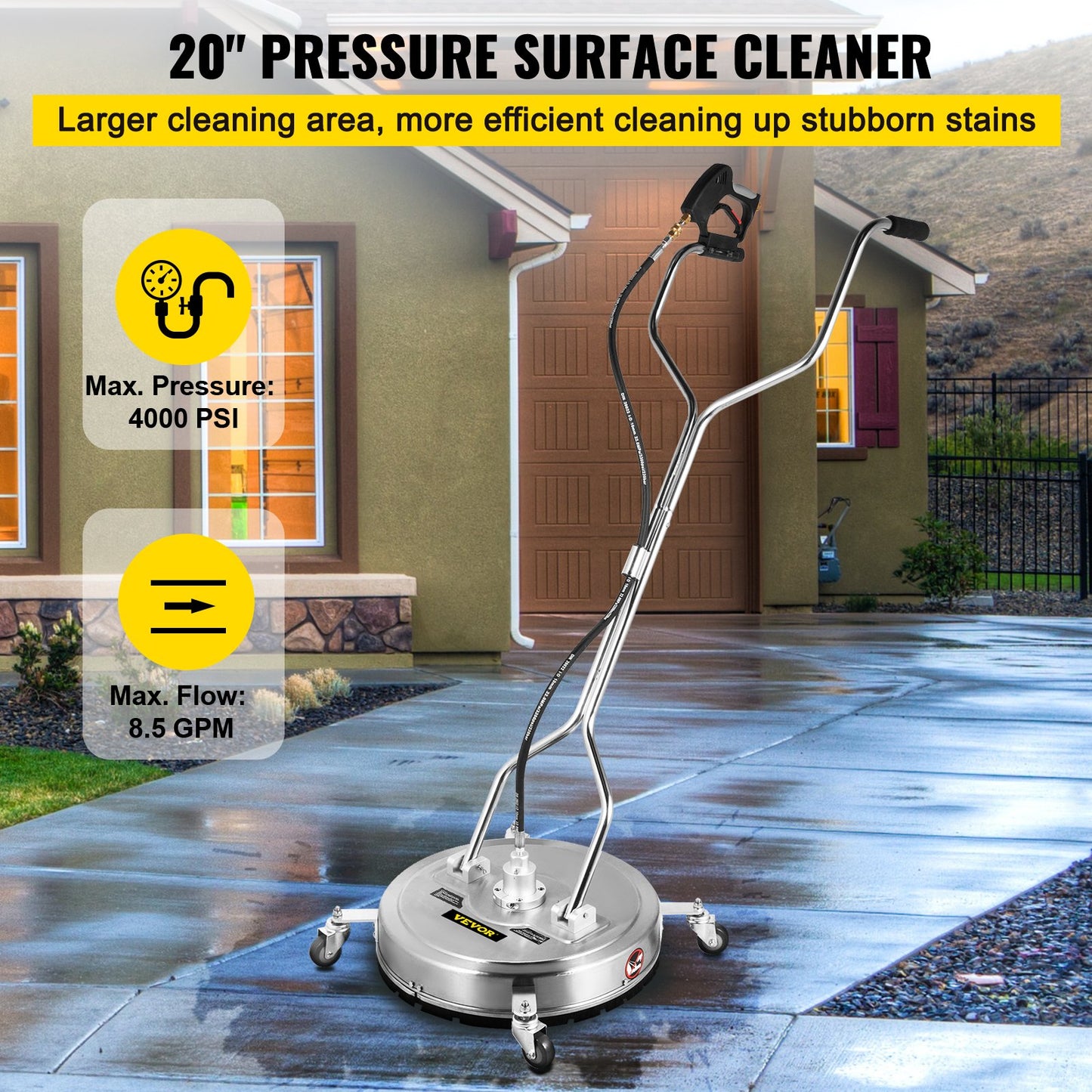 Pressure Washer Surface Cleaner, 20'', Max. 4000 PSI Pressure by 2 Nozzles for Cleaning Driveways, Sidewalks, Stainless Steel Frame w/ Rotating Dual Handle, Wheels, Fit for 3/8'' Quick Connector