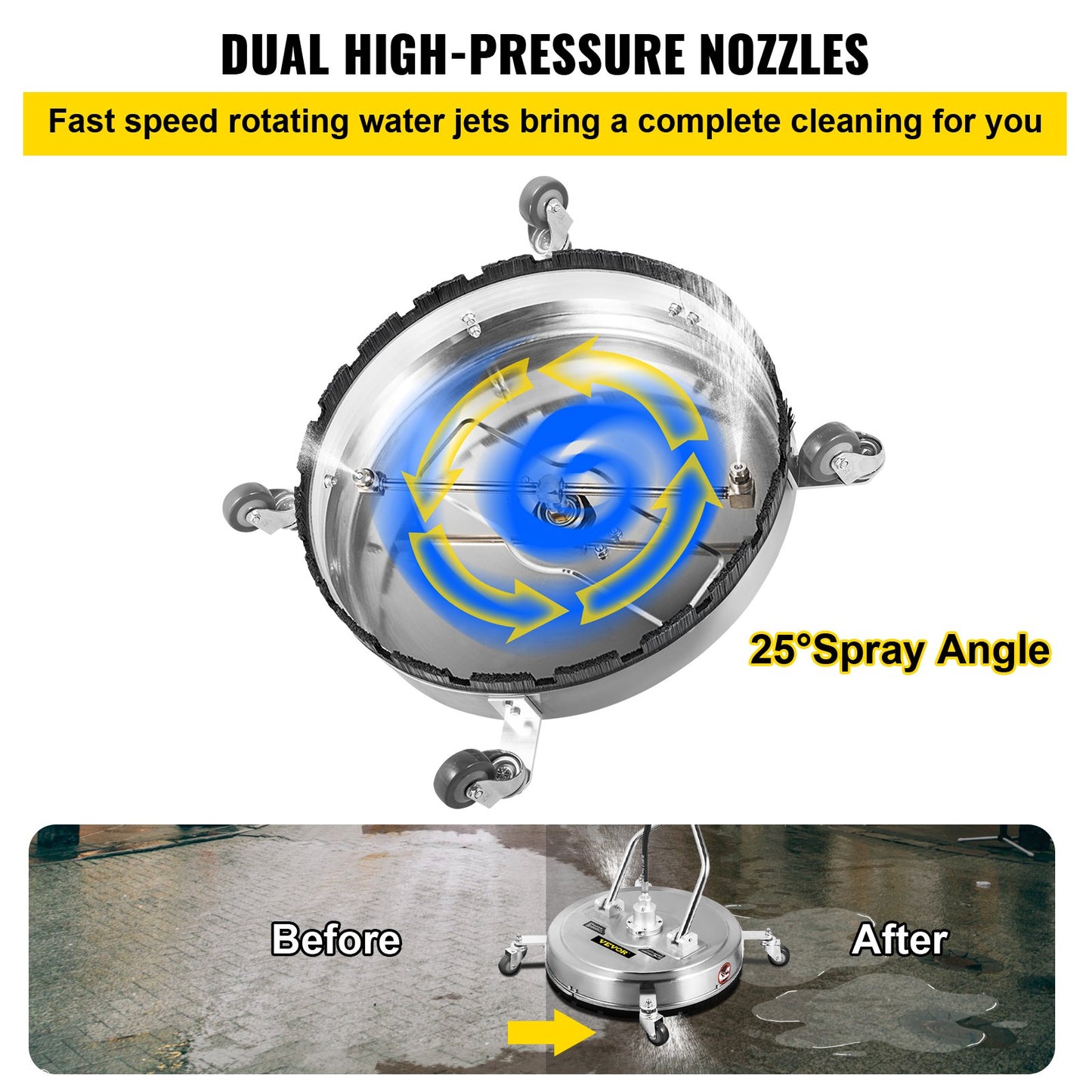 Pressure Washer Surface Cleaner, 20'', Max. 4000 PSI Pressure by 2 Nozzles for Cleaning Driveways, Sidewalks, Stainless Steel Frame w/ Rotating Dual Handle, Wheels, Fit for 3/8'' Quick Connector