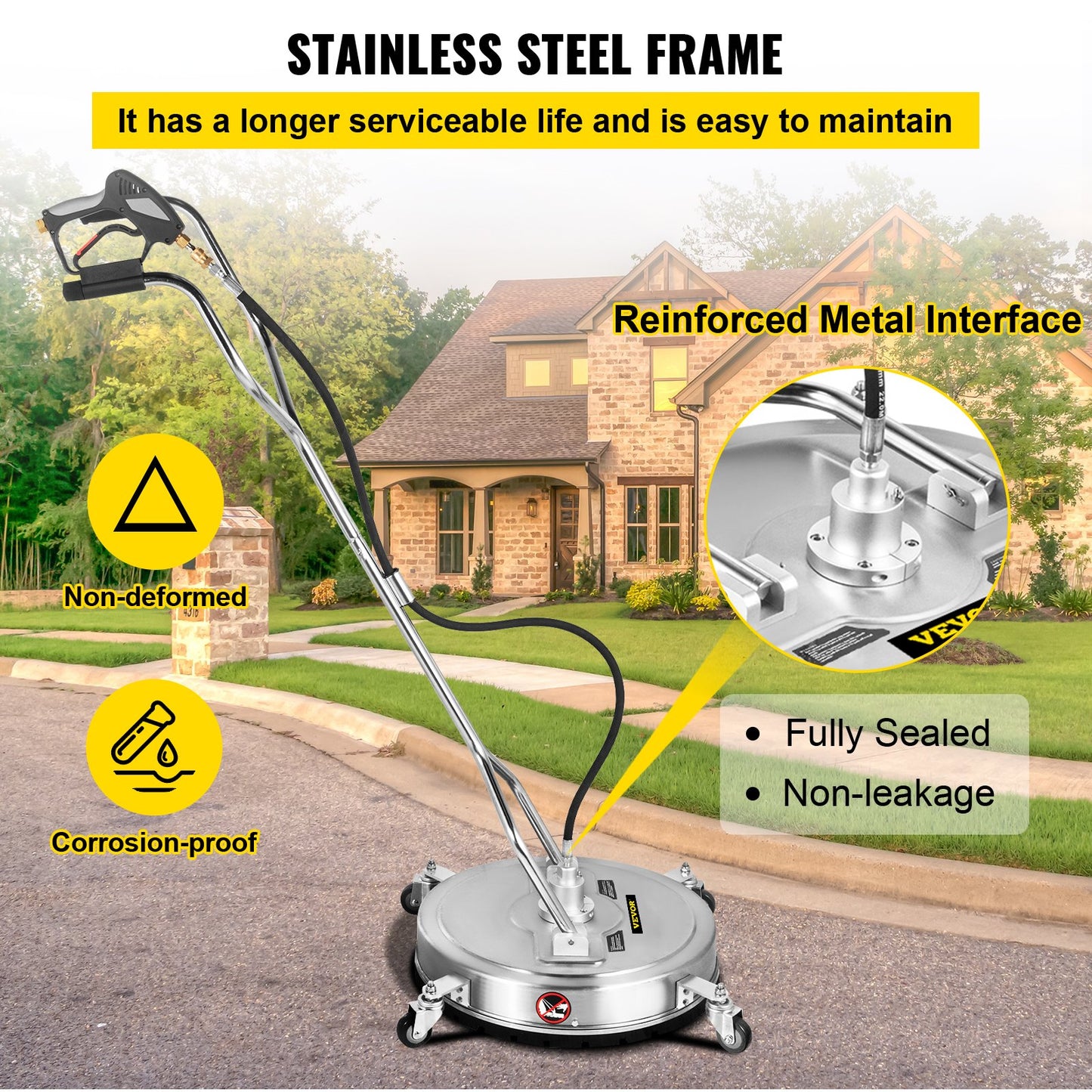 Pressure Washer Surface Cleaner, 20'', Max. 4000 PSI Pressure by 2 Nozzles for Cleaning Driveways, Sidewalks, Stainless Steel Frame w/ Rotating Dual Handle, Wheels, Fit for 3/8'' Quick Connector