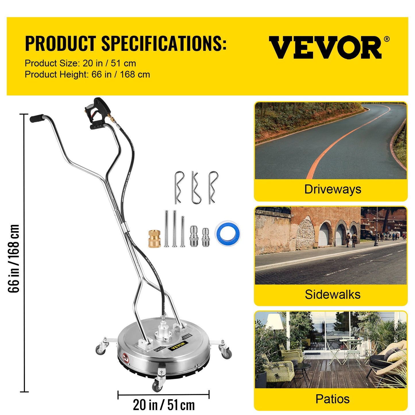 Pressure Washer Surface Cleaner, 20'', Max. 4000 PSI Pressure by 2 Nozzles for Cleaning Driveways, Sidewalks, Stainless Steel Frame w/ Rotating Dual Handle, Wheels, Fit for 3/8'' Quick Connector