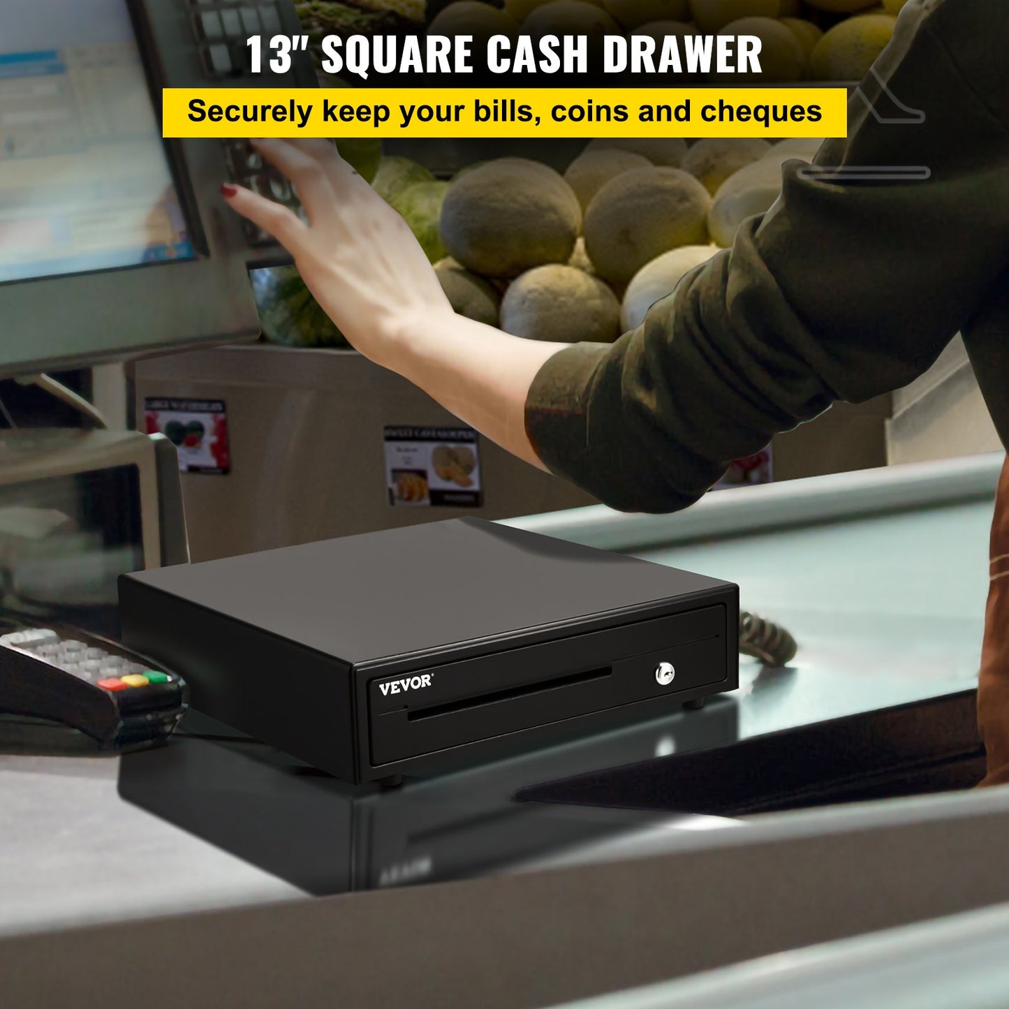 Cash Register Drawer, 13" 12 V, for POS System with 4 Bill 5 Coin Cash Tray, Removable Coin Compartment & 2 Keys Included, RJ11/RJ12 Cable for Supermarket, Bar, Coffee Shop, Restaurant