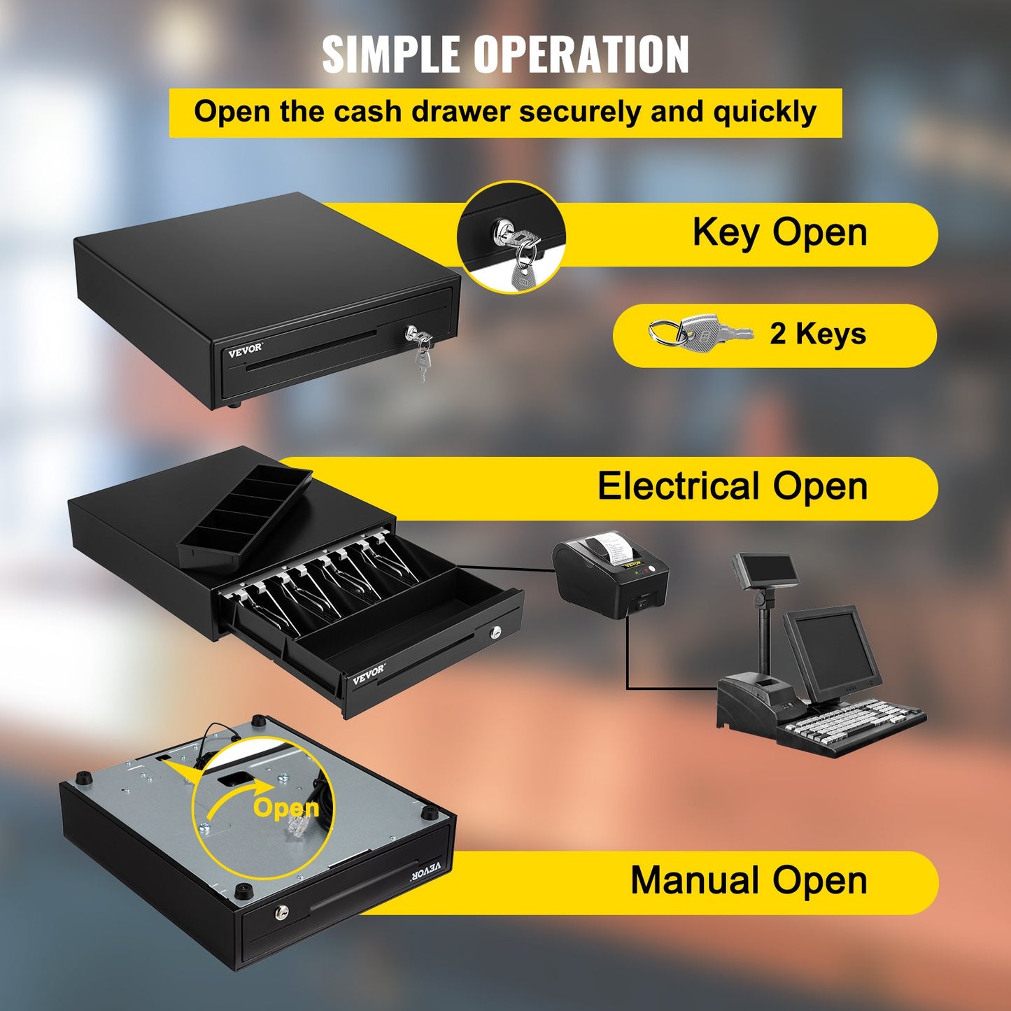 Cash Register Drawer, 13" 12 V, for POS System with 4 Bill 5 Coin Cash Tray, Removable Coin Compartment & 2 Keys Included, RJ11/RJ12 Cable for Supermarket, Bar, Coffee Shop, Restaurant