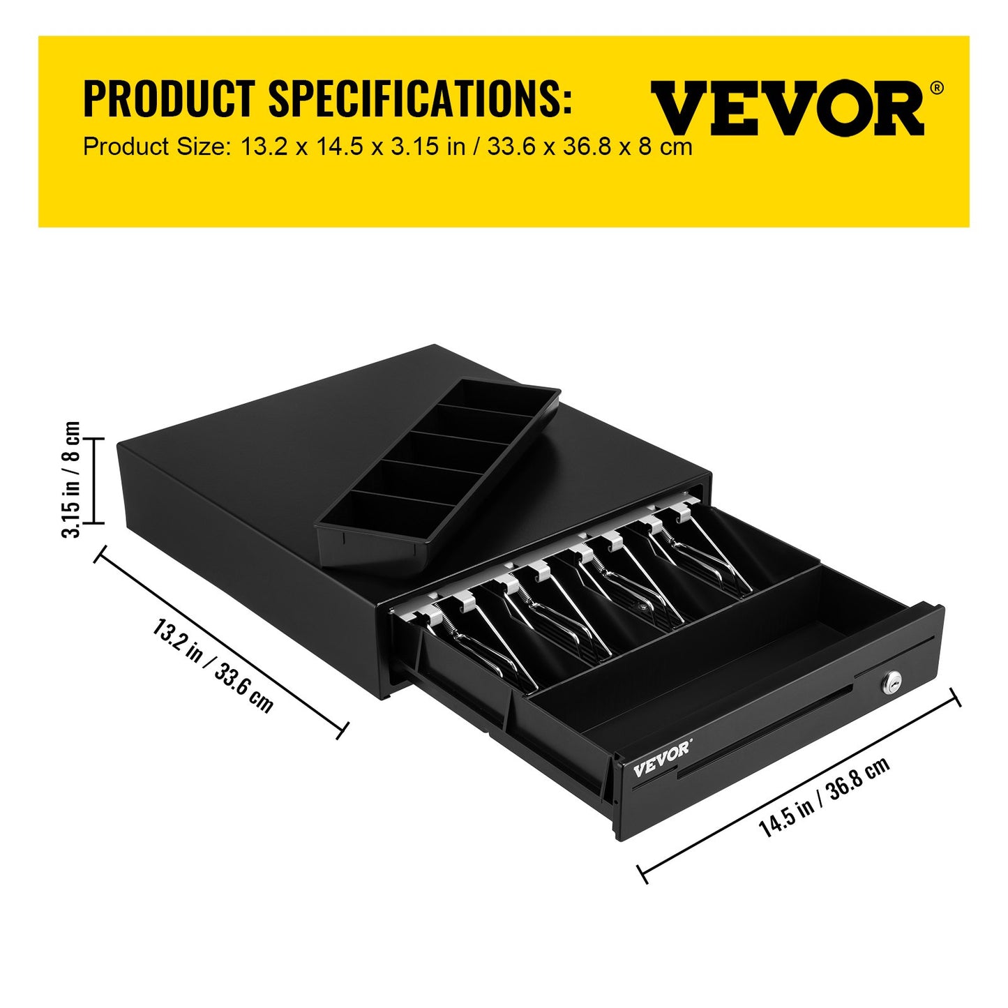 Cash Register Drawer, 13" 12 V, for POS System with 4 Bill 5 Coin Cash Tray, Removable Coin Compartment & 2 Keys Included, RJ11/RJ12 Cable for Supermarket, Bar, Coffee Shop, Restaurant