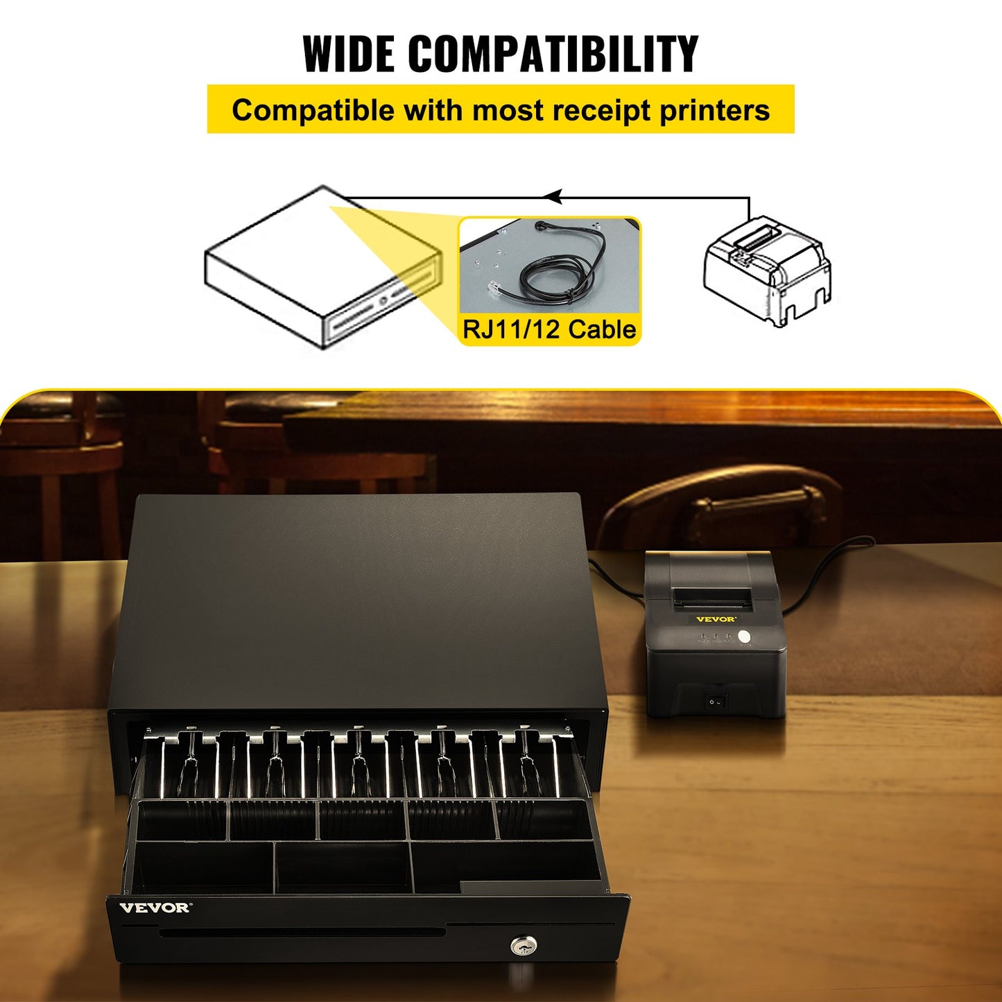 Cash Register Drawer, 16" 12 V, for POS System with 5 Bill 8 Coin Cash Tray, Removable Coin Compartment & 2 Keys Included, RJ11/RJ12 Cable for Supermarket, Bar, Coffee Shop, Restaurant