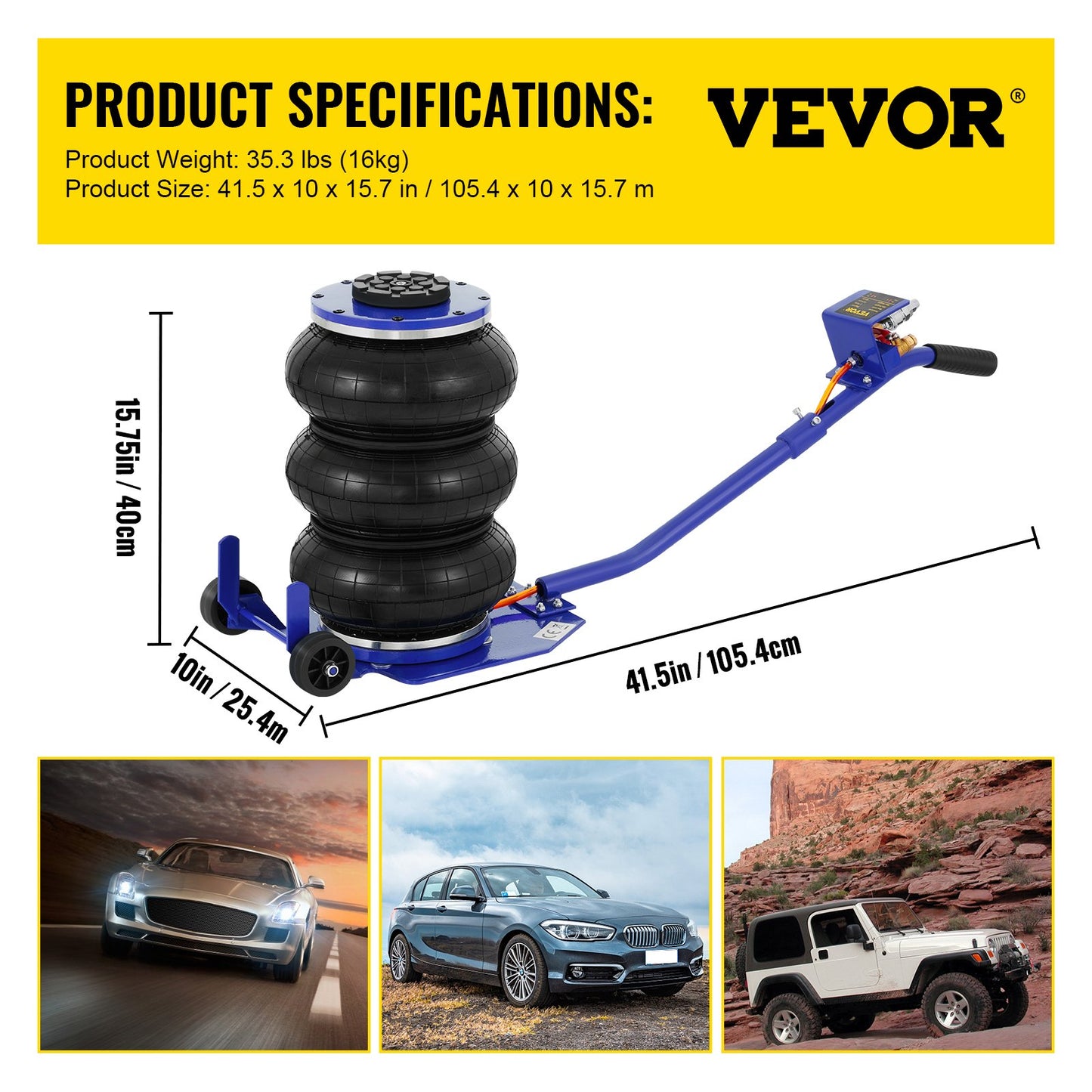 Pneumatic Car Jack Triple Bag Air Jack 6600lbs Pneumatic Jack 3 Ton Heavy Duty Car Jack Lifting Up to 16 Inch Portable Repair(Blue) for Cars, Minivan, SUV Off-road Vehicle