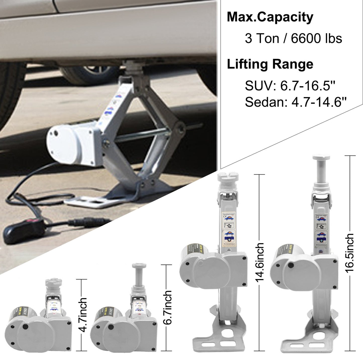 Electric Car Jack 3 Ton 12V Floor Jack, All-In-One Electric Scissor Jack, 120-370/170-420MM Lifting Range Scissor Lift Jack, Automatic Car Repair Tool w/ Inflator Pump, For Sedans And SUV Repair
