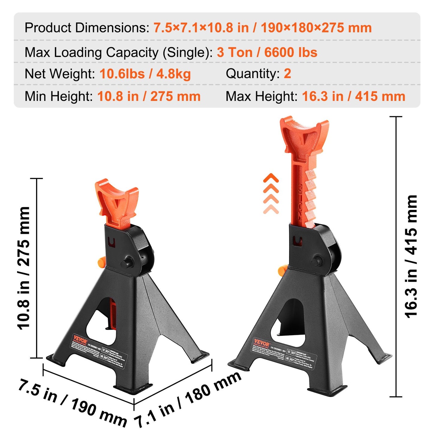 Jack Stands, 3 Ton (6,000 lbs) Capacity Car Jack Stands, 10.8-16.3 inch Adjustable Height, for lifting SUV, Pickup Truck, Car and UTV/ATV, Red, 1 Pair