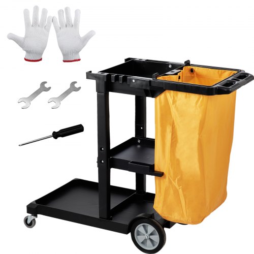 Cleaning Cart, 3-Shelf Commercial Janitorial Cart, 200 lbs Capacity Plastic Housekeeping Cart, with 25 Gallon PVC Bag, 47" x 20" x 38.6", Yellow+Black