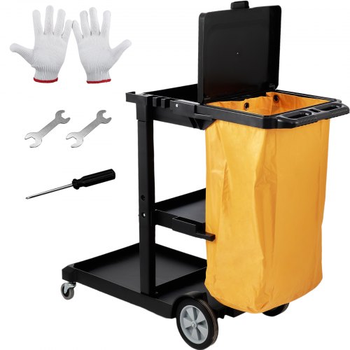 Cleaning Cart, 3-Shelf Commercial Janitorial Cart, 200 lbs Capacity Plastic Housekeeping Cart, with 25 Gallon PVC Bag and Cover, 47" x 20" x 38.6", Yellow+Black