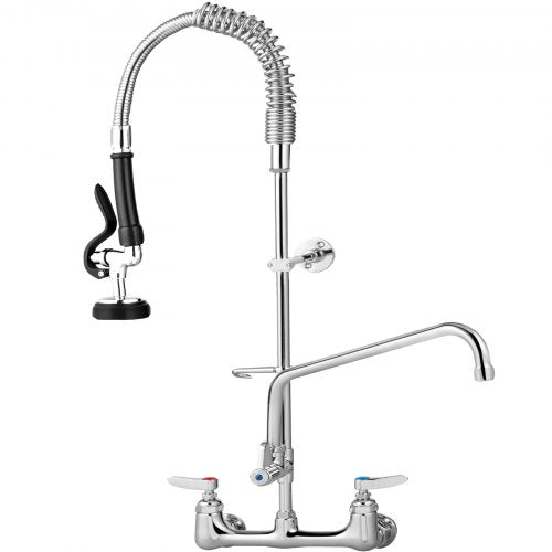 Commercial Faucet with Sprayer, 8" Adjustable Center Wall Mount Kitchen Faucet with 12" Swivel Spout, 24" Height Compartment Sink Faucet for Industrial Restaurant, Lead-free Brass