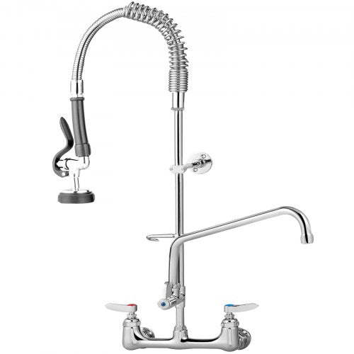 Commercial Faucet with Sprayer, 8" Adjustable Center Wall Mount Kitchen Faucet with 12" Swivel Spout, 43" Height Compartment Sink Faucet for Industrial Restaurant, Lead-free Brass