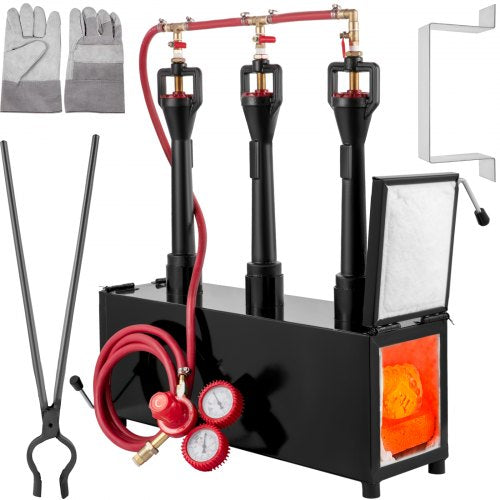 Propane Knife Forge, Blacksmithing Forge with Three Burners, Portable Propane Forge with Two Durable Doors, Large Capacity Farrier Forge, Square Propane Burner Forge for Knife and Tool Making