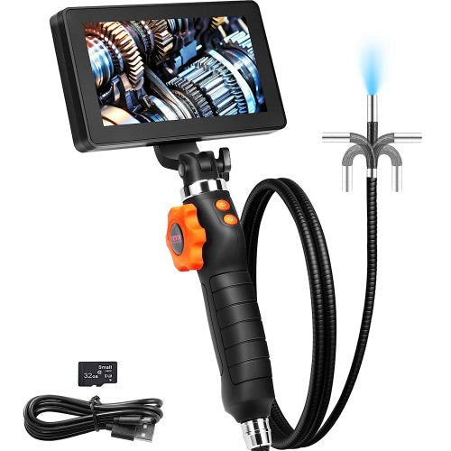Articulating Borescope Camera with Light, Two-Way Articulated Endoscope Inspection Camera with 6.4mm Tiny Lens, 5" IPS 1080P HD Screen, 8X Zoom, 8 LED Light Snake Camera for Automotive, Plumbing