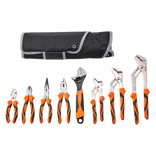 Pliers Set, 8-Piece, High Carbon Steel, 12"/10"/8" Groove Joint Pliers, 8" Linesman's Pliers, 6" Slip Joint Pliers, 8" Long Nose Pliers, 6" Diagonal Cutter, 10" Adjustable Wrench, and Tool Bag