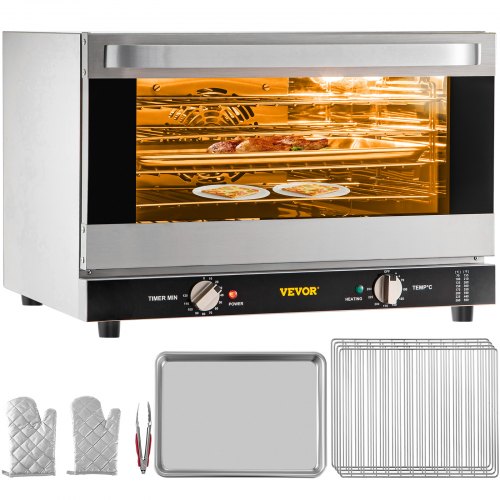 Commercial Convection Oven, 47L/43Qt, Half-Size Conventional Oven Countertop, 1600W 4-Tier Toaster w/ Front Glass Door, Electric Baking Oven w/ Trays Wire Racks Clip Gloves, 220V, ETL Listed