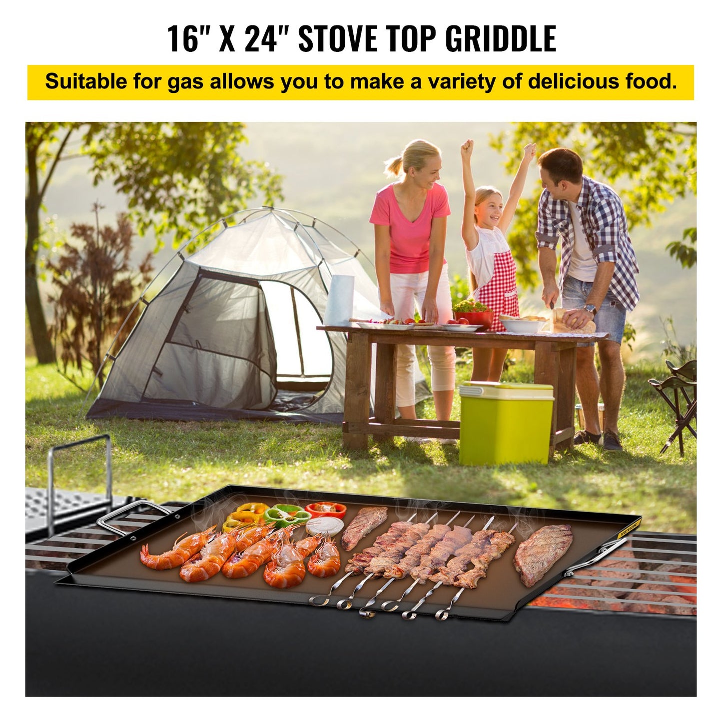 Stove Top Griddle, 16" x 24" Griddle for Gas Grill, Heavy Duty Steel Flat Top Griddle, Flat Top Grill for Stove with 2 Handles, Little Griddle with Extra Drain Hole for BBQ Charcoal/Gas Grills