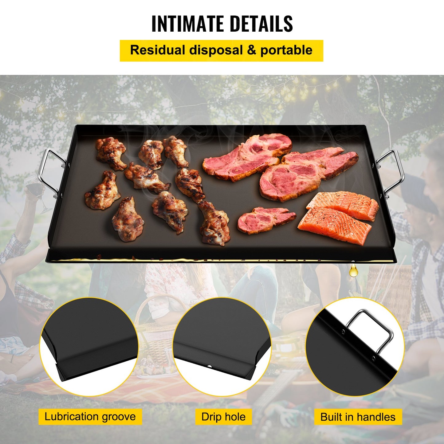 Stove Top Griddle, 16" x 24" Griddle for Gas Grill, Heavy Duty Steel Flat Top Griddle, Flat Top Grill for Stove with 2 Handles, Little Griddle with Extra Drain Hole for BBQ Charcoal/Gas Grills