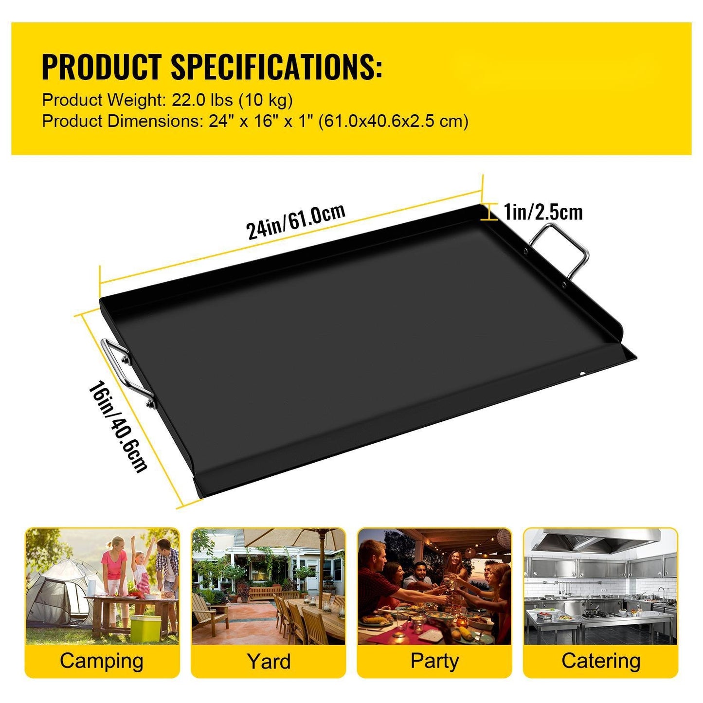 Stove Top Griddle, 16" x 24" Griddle for Gas Grill, Heavy Duty Steel Flat Top Griddle, Flat Top Grill for Stove with 2 Handles, Little Griddle with Extra Drain Hole for BBQ Charcoal/Gas Grills