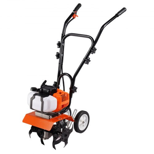 Tiller Cultivator Gas Powered, 43CC 2-Stroke Garden Cultivator, Tiller with 4 Steel Adjustable Front Tines for Lawn, Garden and Field Soil Cultivation