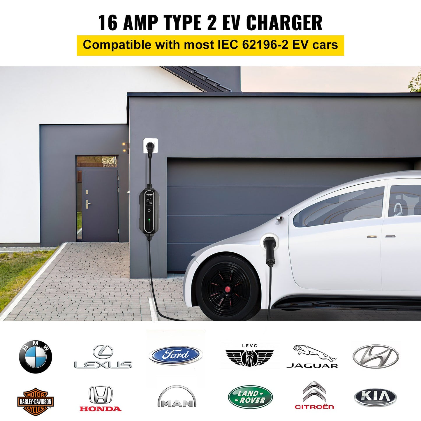Portable EV Charger, Type 2 16A, Electric Vehicle Charger 7.5 M Charging Cable with Schuko 2 Pin Plug, Digital Screen, 3.6 kW WaterProof IEC 62196-2 Home EV Charging Station with Carry Bag, CE