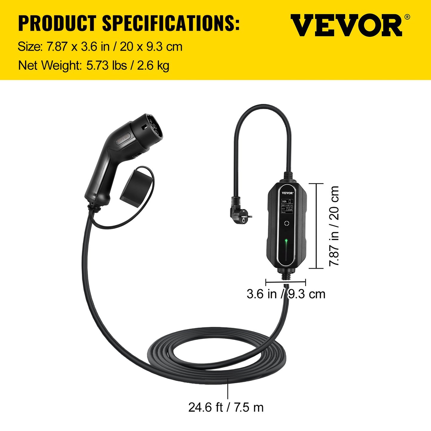 Portable EV Charger, Type 2 16A, Electric Vehicle Charger 7.5 M Charging Cable with Schuko 2 Pin Plug, Digital Screen, 3.6 kW WaterProof IEC 62196-2 Home EV Charging Station with Carry Bag, CE