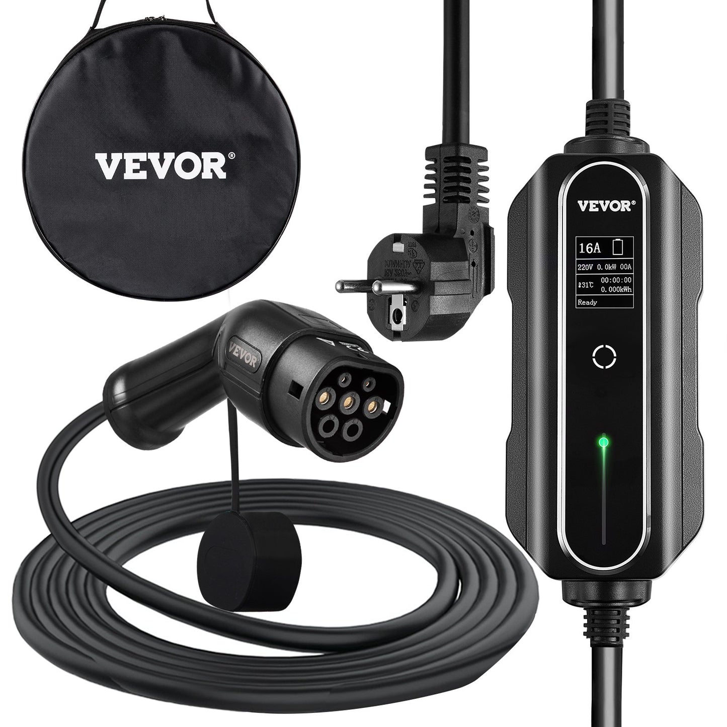 Portable EV Charger, Type 2 16A, Electric Vehicle Charger 7.5 M Charging Cable with Schuko 2 Pin Plug, Digital Screen, 3.6 kW WaterProof IEC 62196-2 Home EV Charging Station with Carry Bag, CE