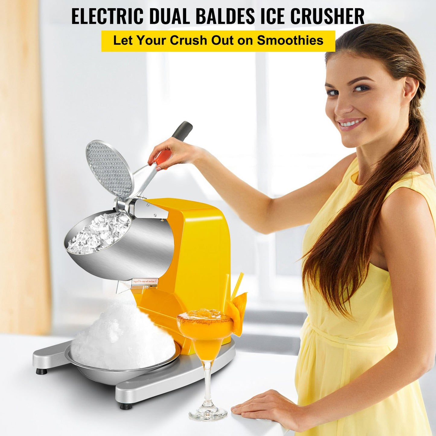 Electric Ice Shaver Crusher Snow Cone Maker Machine with Dual Stainless Steel Blades 210LB/H Shaved Ice Machine 300W 1450 RPM with Ice Plate & Additional Blade for Home and Commercial Use Yellow