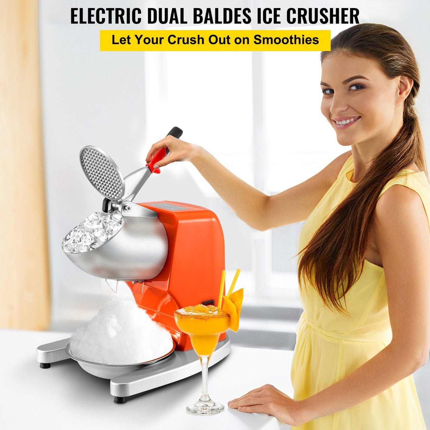 Electric Ice Shaver Crusher Snow Cone Maker Machine with Dual Stainless Steel Blades 210LB/H Shaved Ice Machine 300W 1450 RPM with Ice Plate & Additional Blade for Home and Commercial Use Orange
