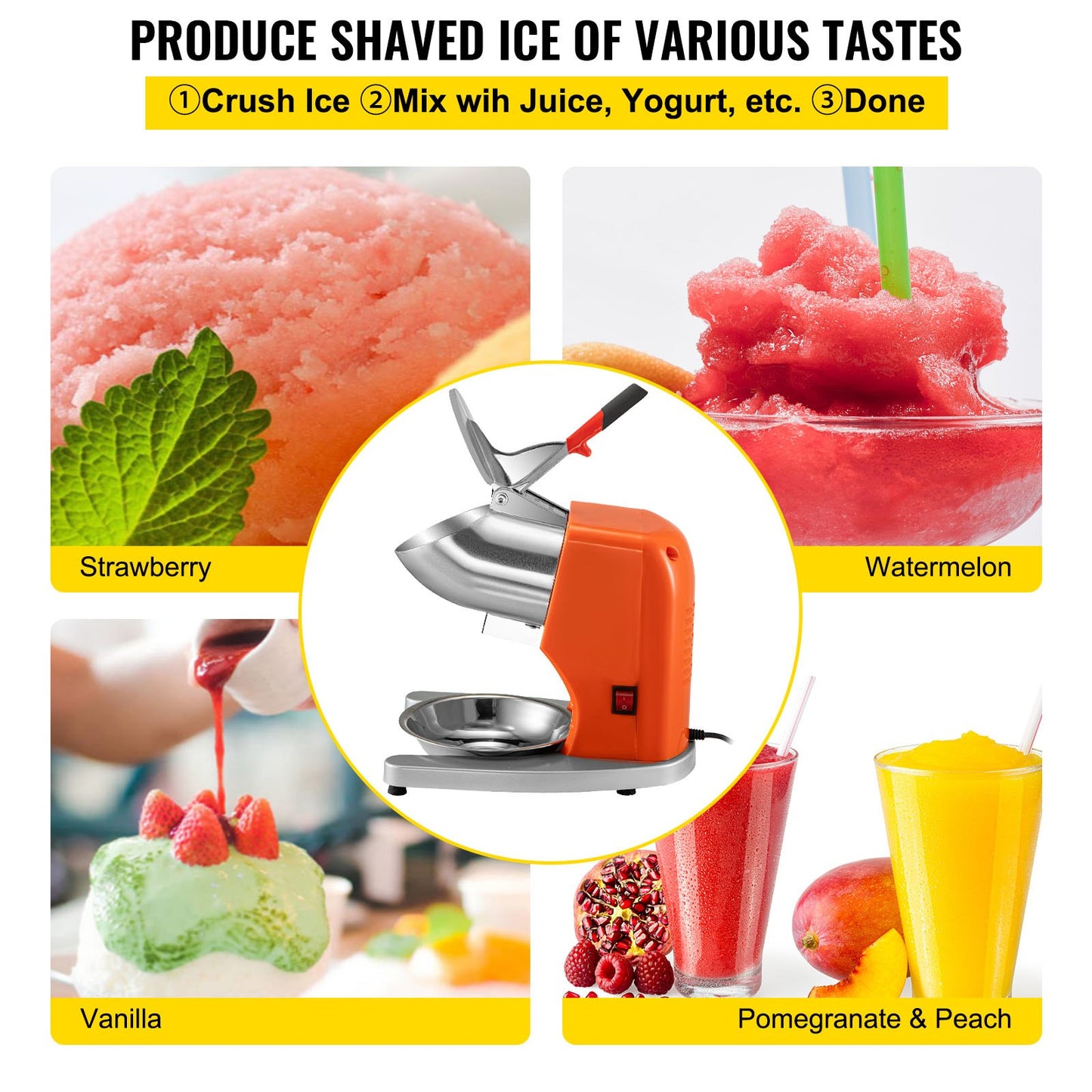 Electric Ice Shaver Crusher Snow Cone Maker Machine with Dual Stainless Steel Blades 210LB/H Shaved Ice Machine 300W 1450 RPM with Ice Plate & Additional Blade for Home and Commercial Use Orange