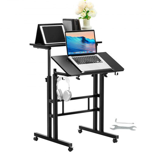 Mobile Standing Desk, 26.4"-44.9" Gas-Spring Height Adjustable Sit-Stand Desk, 360° Swivel Wheels (4 Lockable) Home Office Rolling Laptop Table & 0-45° Tiltable Desktop, 2 Hooks, 40LBS Loading