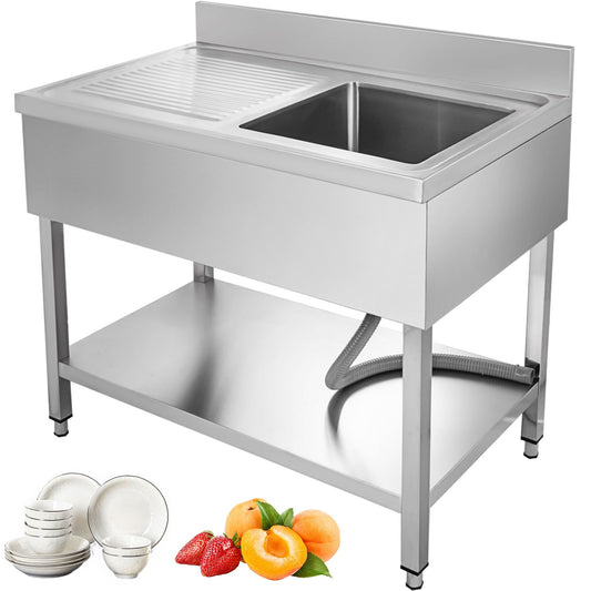 Ktchen Sink with Left Hand Platform 39.5 inch Stainless Steel Utility Sink Professional Sink Single Bowl Sink Catering Sink Unit for Bar Kitchen Restaurant
