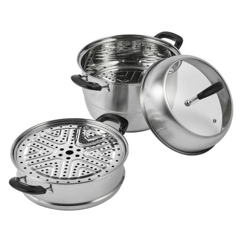 Steamer Pot 11in/28cm, 3 Tier Steamer Pot for Cooking with 8.5QT Stock Pot, Vegetable Steamer & 2 Steaming Tray, Food-Grade 304 Stainless Steel Food Steamer Cookware for Gas Electric Stove Grill