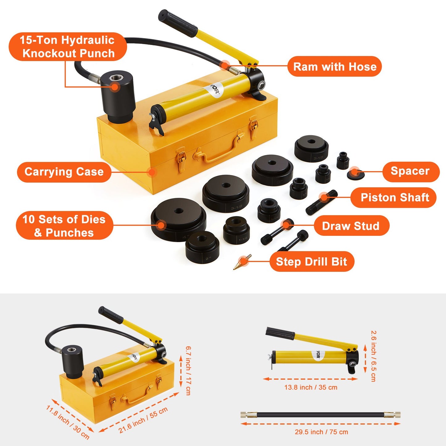 15 Ton Hydraulic Knockout Punch Driver Kit Hole Tool 1/2"-4" with 10 Dies