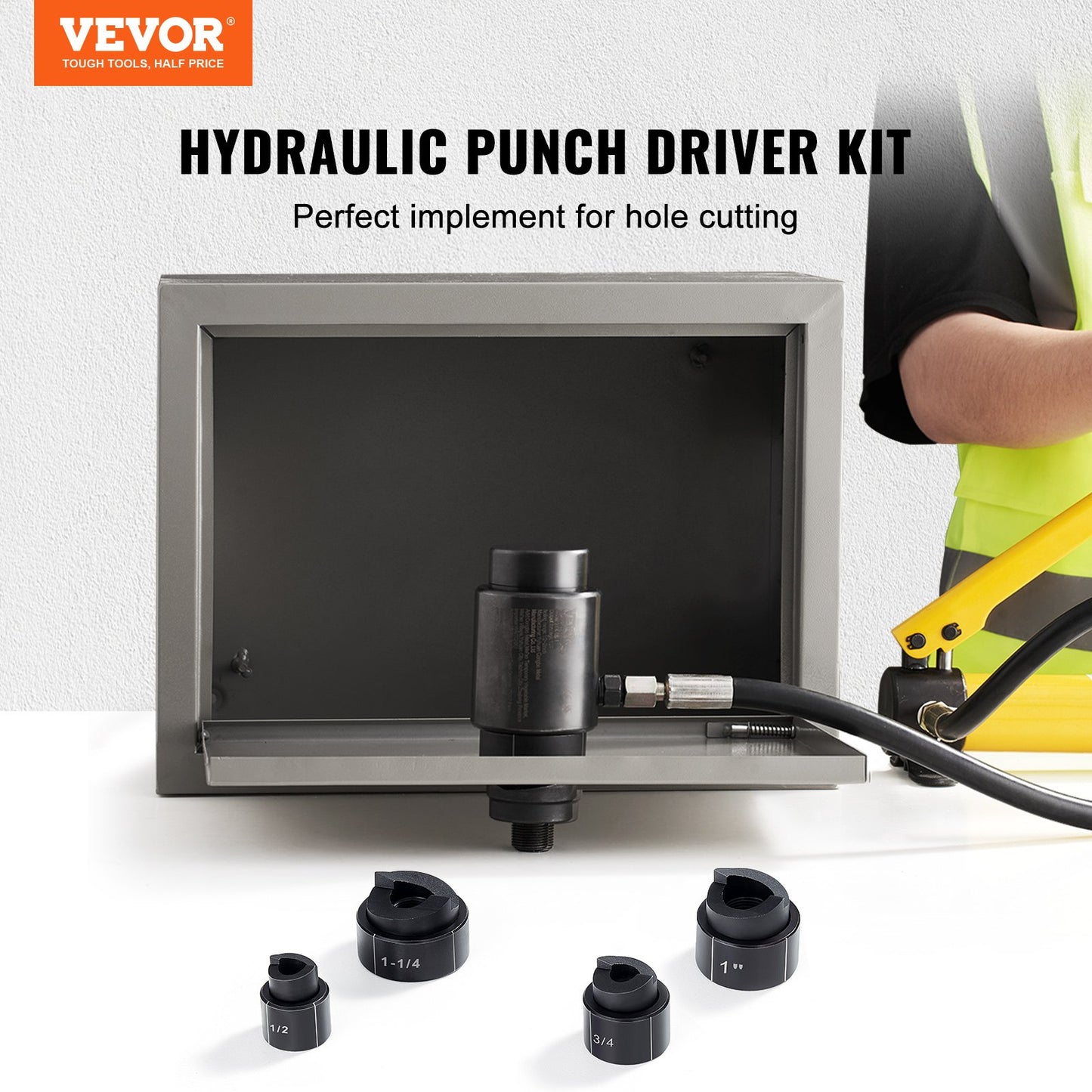 Hydraulic Knockout Punch Driver Kit Hole Tool 4 Die 1/2", 3/4", 1", 1-1/4"