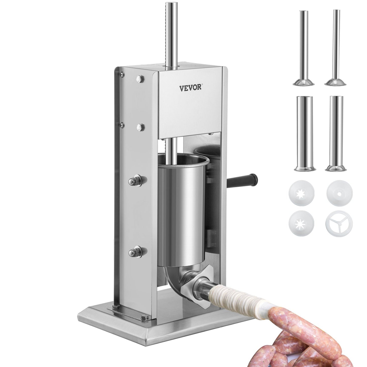 Manual Sausage Stuffer, 5LBS/3L Capacity, Two Speed 304 Stainless Steel Vertical Sausage Stuffer, Sausage Filling Machine with 4 Stuffing Tubes, Suction Base for Household or Commercial Use