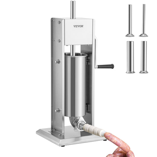 Manual Sausage Stuffer, 8LBS/5L Capacity, Two Speed 304 Stainless Steel Vertical Sausage Stuffer, Sausage Filling Machine with 4 Stuffing Tubes, Suction Base for Household or Commercial Use