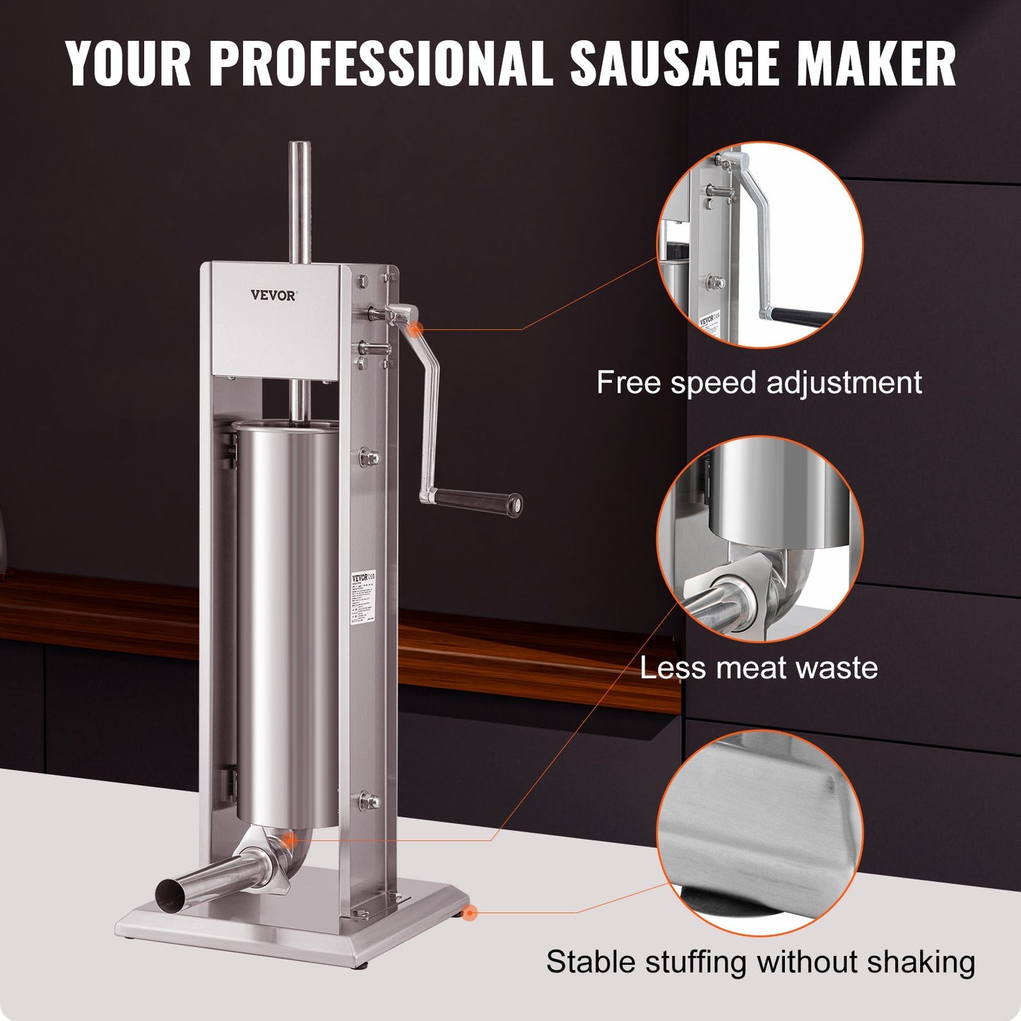 Manual Sausage Stuffer, 11LBS/7L Capacity, Two Speed 304 Stainless Steel Vertical Sausage Stuffer, Sausage Filling Machine with 4 Stuffing Tubes, Suction Base for Household or Commercial Use