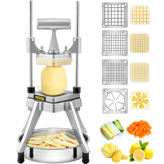 Commercial Vegetable Fruit Chopper, Stainless Steel French Fry Cutter w/ 4 Blades 1/4" 3/8" 1/2", Vegetable Chopper Dicer w/ Stainless Bowl, Heavy Duty Cutter for Potato Tomato Onion Mushroom