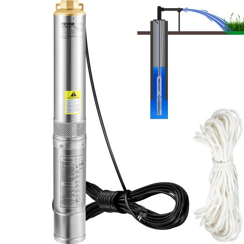 Deep Well Submersible Pump, 750W 230V/50Hz, 100L/min 66 m Head Sand Resistant <5%, 20 m Electric Cord, 7.6 cm Stainless Steel Water Pumps for Industrial, Irrigation & Home Use, IP68 Waterproof