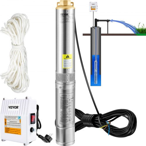 Deep Well Submersible Pump, 370W 230V/50Hz, 110L/min 44 m Head, with 20 m Cord & External Control Box, 10.2 cm Stainless Steel Water Pumps for Industrial, Irrigation & Home Use, IP68 Waterproof