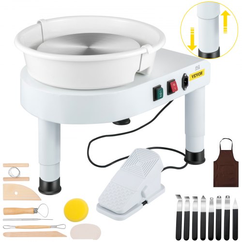 Pottery Wheel, 14in Ceramic Wheel Forming Machine, 0-300RPM Speed Manual Adjustable 0-7.8in Lift Leg, Foot Pedal Detachable Basin, Sculpting Tool Accessory Kit for Work Art Craft DIY 220V