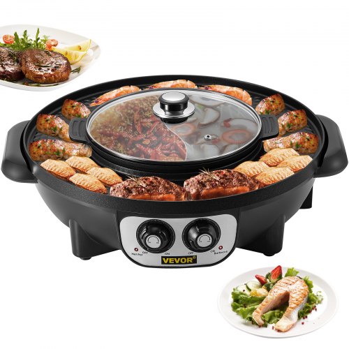 2 in 1 Electric Grill and Hot Pot, 2200W BBQ Pan Grill and Hot Pot, Multifunctional Teppanyaki Grill Pot with Dual Temp Control, Smokeless Hot Pot Grill with Nonstick Coating for 1-8 People