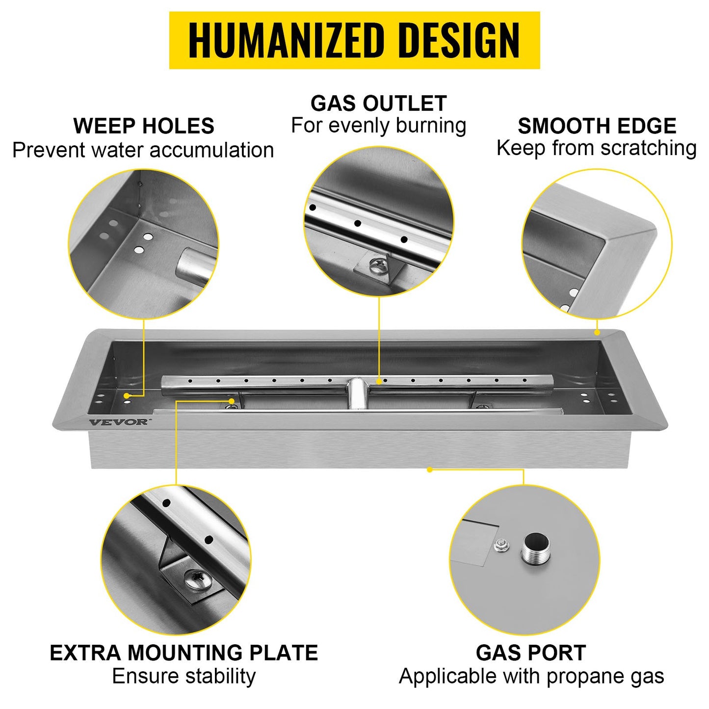 Fill-in Fire Pit Pan Burner Natural Gas Fire Pit Burner 20x8 Inch Fire Pit Pan 13.2 LBS Stainless Steel Fill In Pan Linear Fire Pit Pan Metal Square Burner Heater