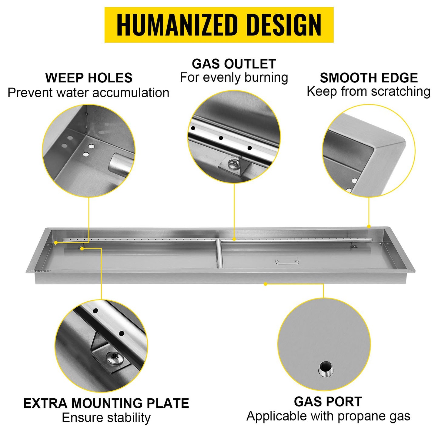 Fill-in Fire Pit Pan Burner Natural Gas Fire Pit Burner 50.5x16.5 Inch Fire Pit Pan 15.8 LBS Stainless Steel Fill In Pan Linear Fire Pit Pan Metal Square Burner Heater