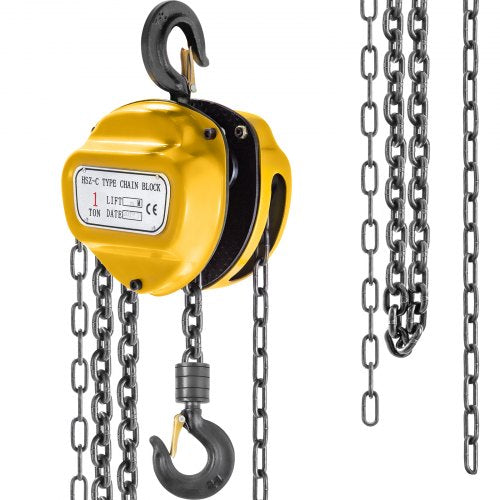 Chain Hoist 2200lbs/2ton Chain Block Hoist Manual Chain Hoist 3m/10ft Block Chain Hand Chain Lifting Hoist w/ Two Hooks Chain Pulley Tackle Hoist Winch Lifting Pulling Equipment Yellow
